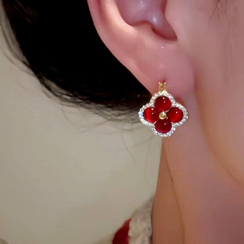 14K Gold-Plated Zircon Four-Leaf Flower Earrings