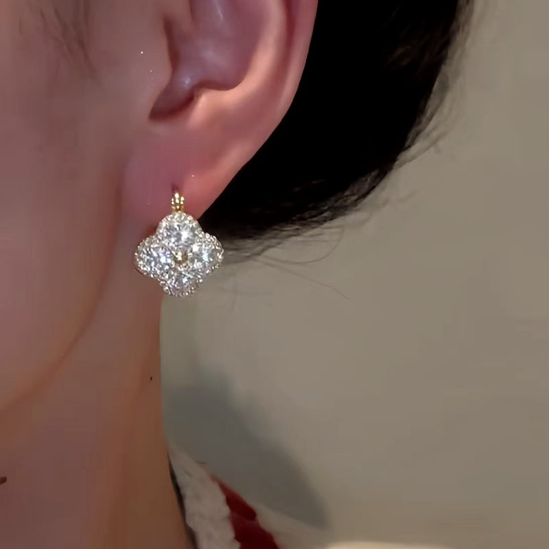 14K Gold-Plated Zircon Four-Leaf Flower Earrings