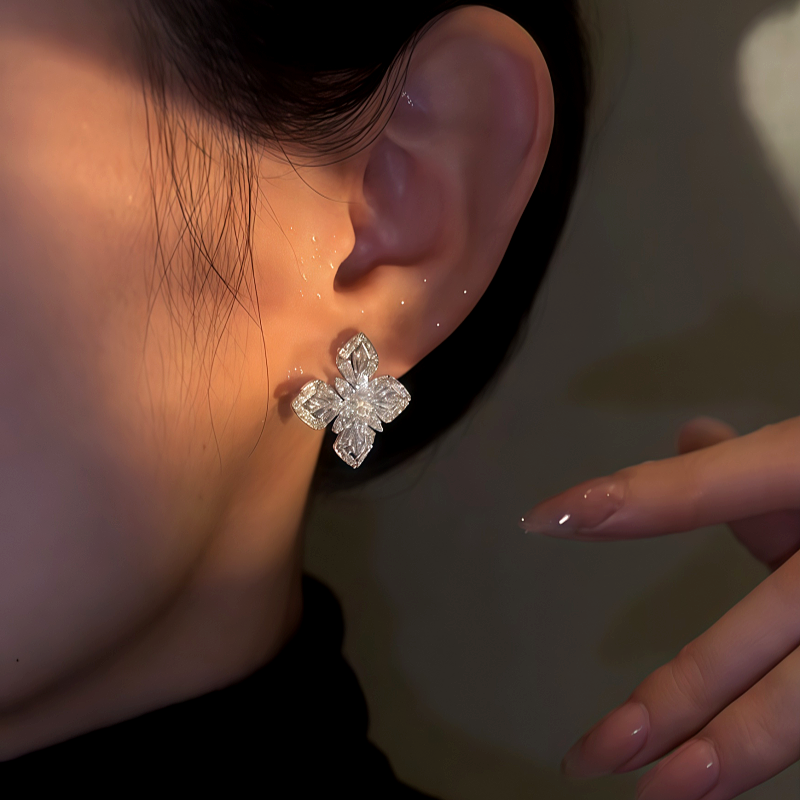 14K Gold-Plated Zircon Four-Leaf Flower Stud Earrings