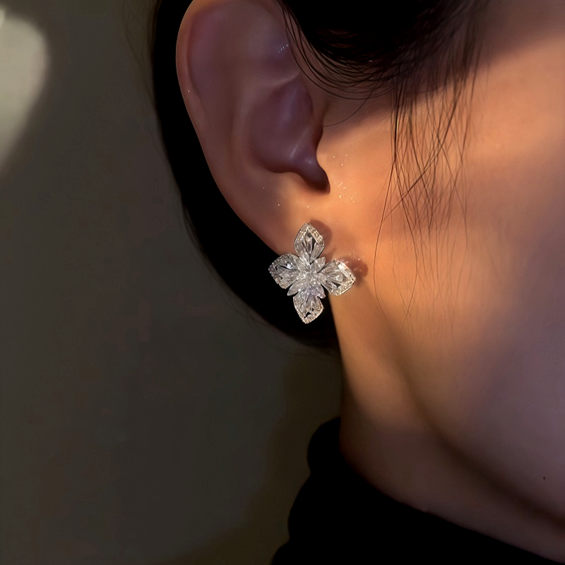 14K Gold-Plated Zircon Four-Leaf Flower Stud Earrings