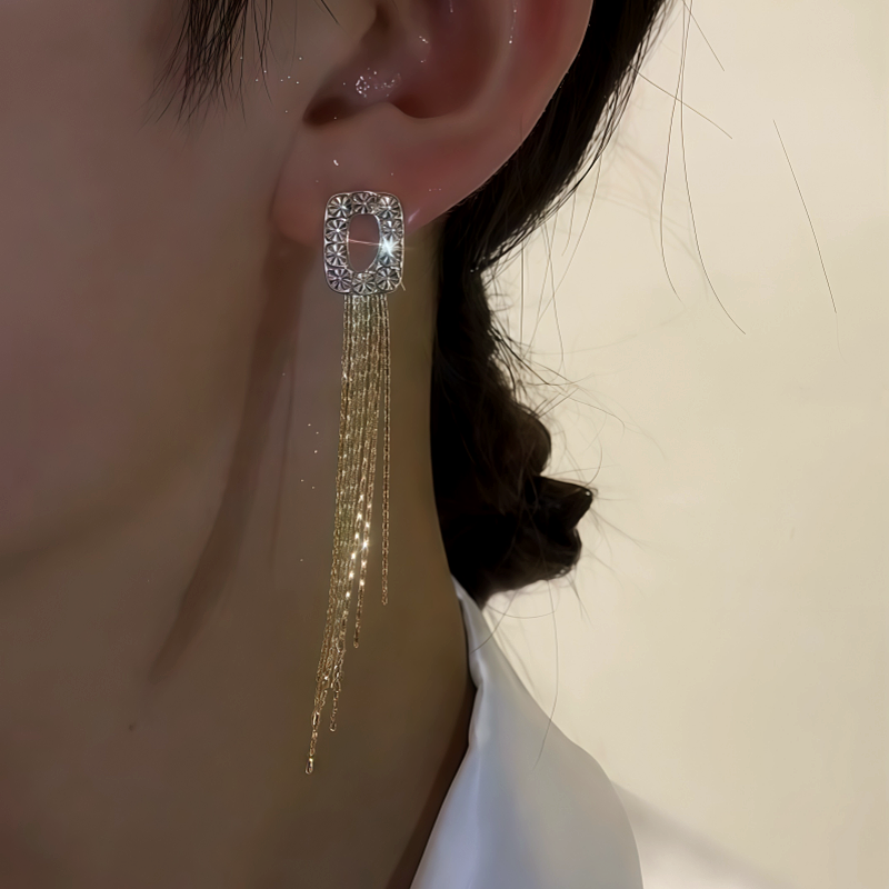 14K Gold-Plated Zircon Geometric Tassel Earrings