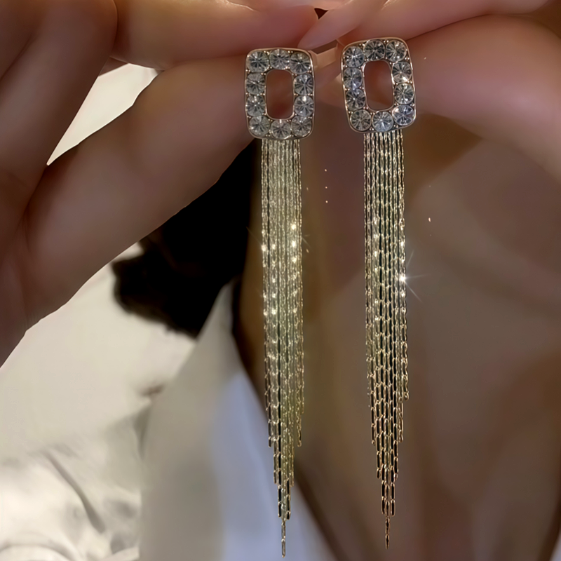 14K Gold-Plated Zircon Geometric Tassel Earrings