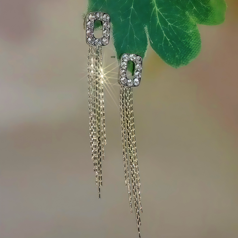 14K Gold-Plated Zircon Geometric Tassel Earrings