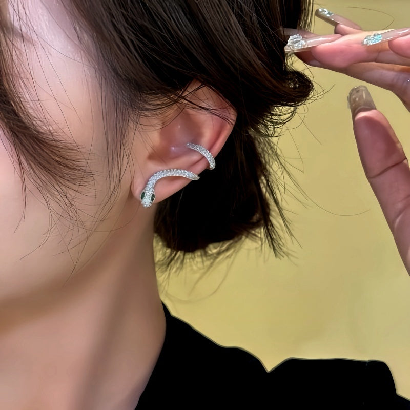 14K Gold-Plated Zircon Green-Eyed Snake Ear Clip Earrings