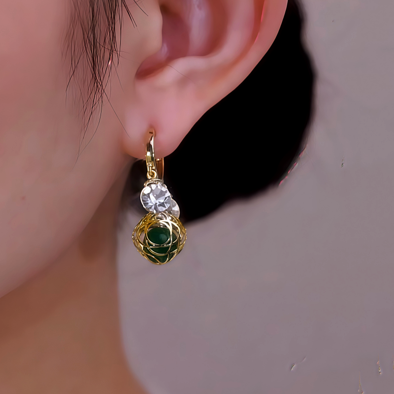 14K Gold-Plated Zircon Green Crystal Ball White Diamond Earrings