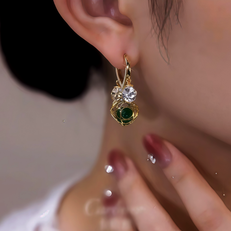 14K Gold-Plated Zircon Green Crystal Ball White Diamond Earrings