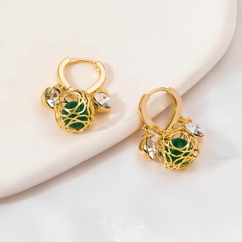 14K Gold-Plated Zircon Green Crystal Ball White Diamond Earrings