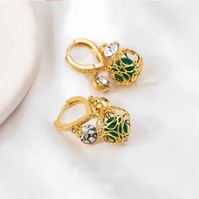 14K Gold-Plated Zircon Green Crystal Ball White Diamond Earrings
