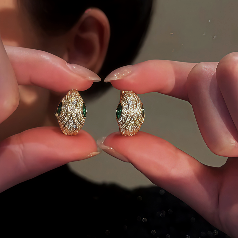 14K Gold-Plated Zircon Green Eye Snake Hoop Earrings