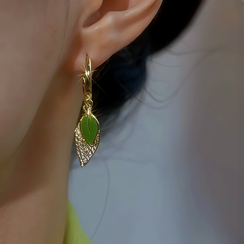 14K Gold-Plated Zircon Green Leaf Earrings