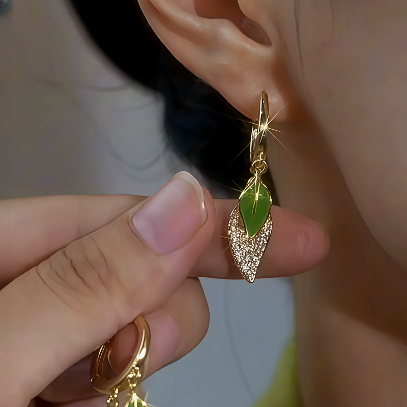 14K Gold-Plated Zircon Green Leaf Earrings