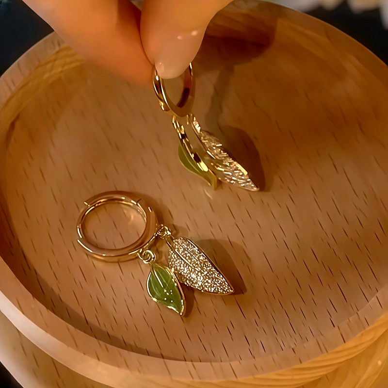 14K Gold-Plated Zircon Green Leaf Earrings