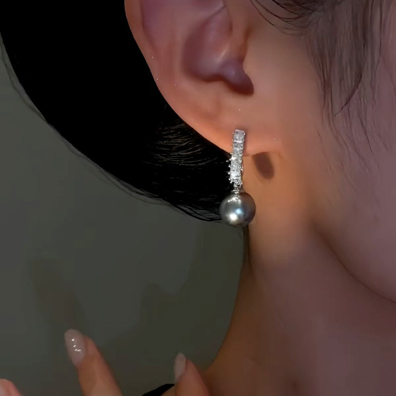 14K Gold-Plated Zircon Grey Pearl Earrings