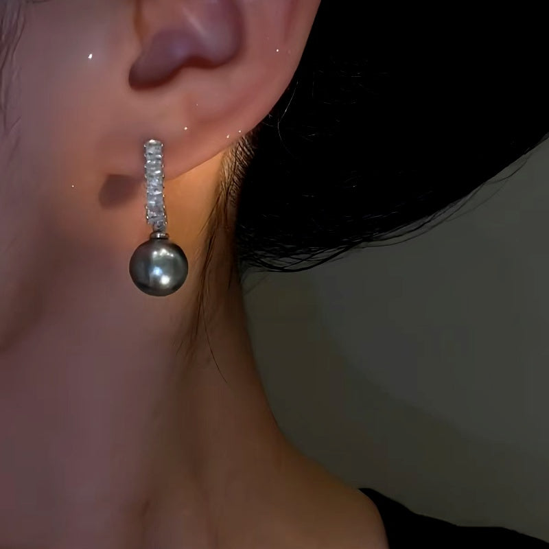14K Gold-Plated Zircon Grey Pearl Earrings