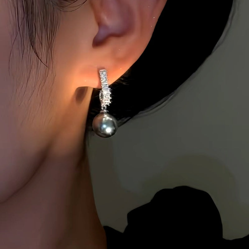 14K Gold-Plated Zircon Grey Pearl Earrings