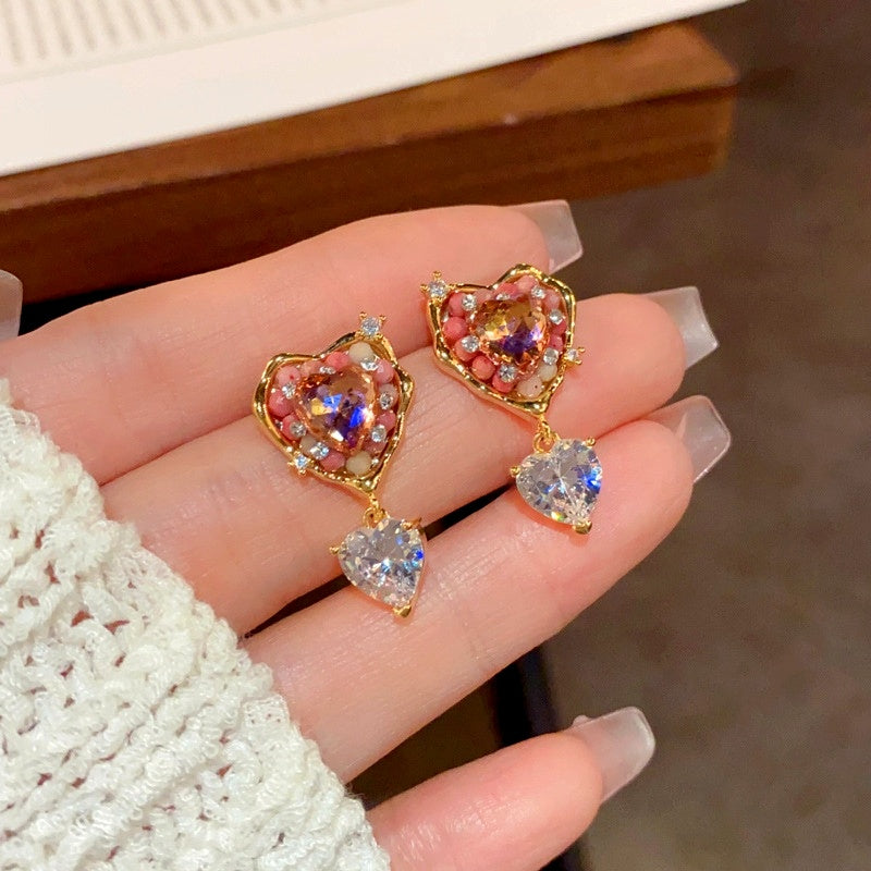 14K Gold-Plated Zircon Heart-Design Earrings