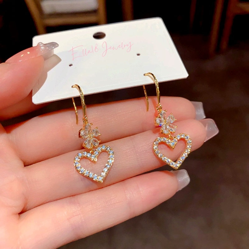 14K Gold-Plated Zircon Heart-Design Flower Ear Hook Earrings