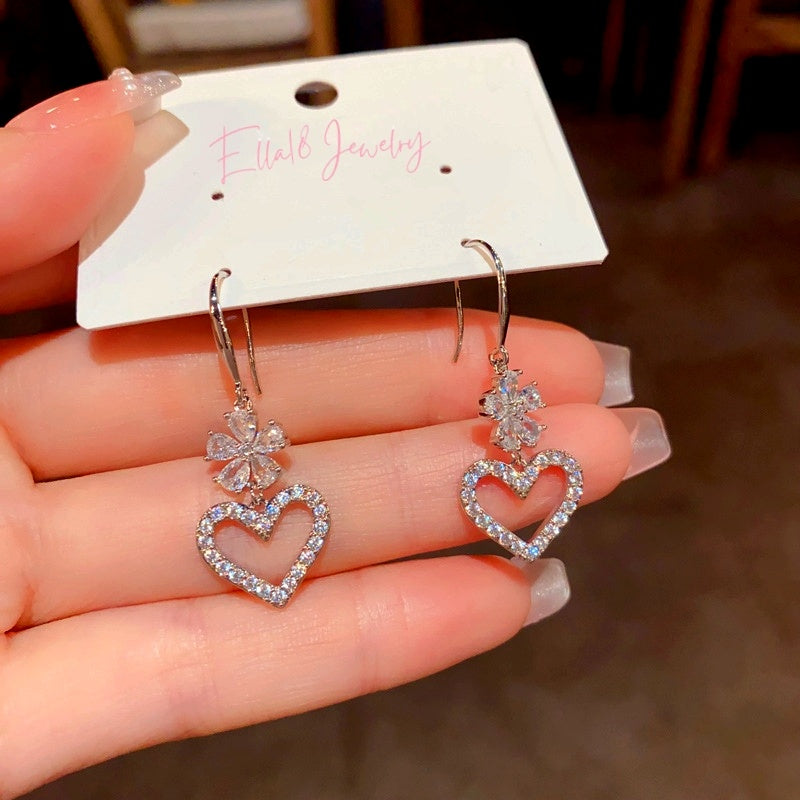 14K Gold-Plated Zircon Heart-Design Flower Ear Hook Earrings
