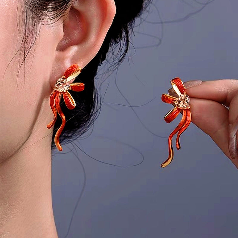 14K Gold-Plated Zircon Heart Bow Earrings