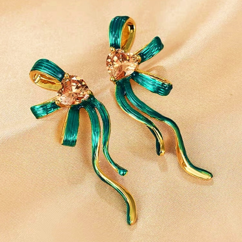 14K Gold-Plated Zircon Heart Bow Earrings