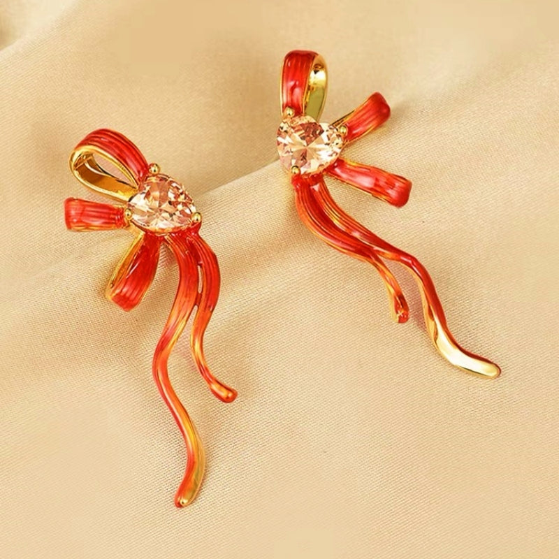 14K Gold-Plated Zircon Heart Bow Earrings