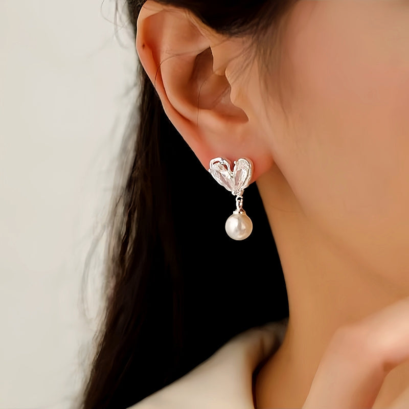 14K Gold-Plated Zircon Heart Pearl Earrings