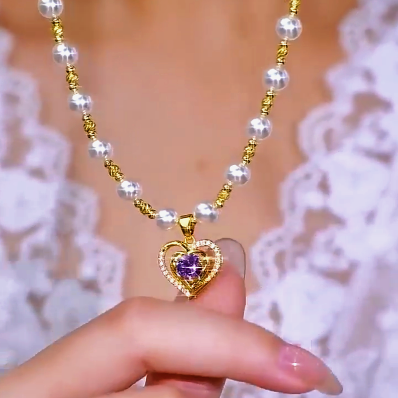14K Gold-Plated Zircon Heart Pearl Necklaces
