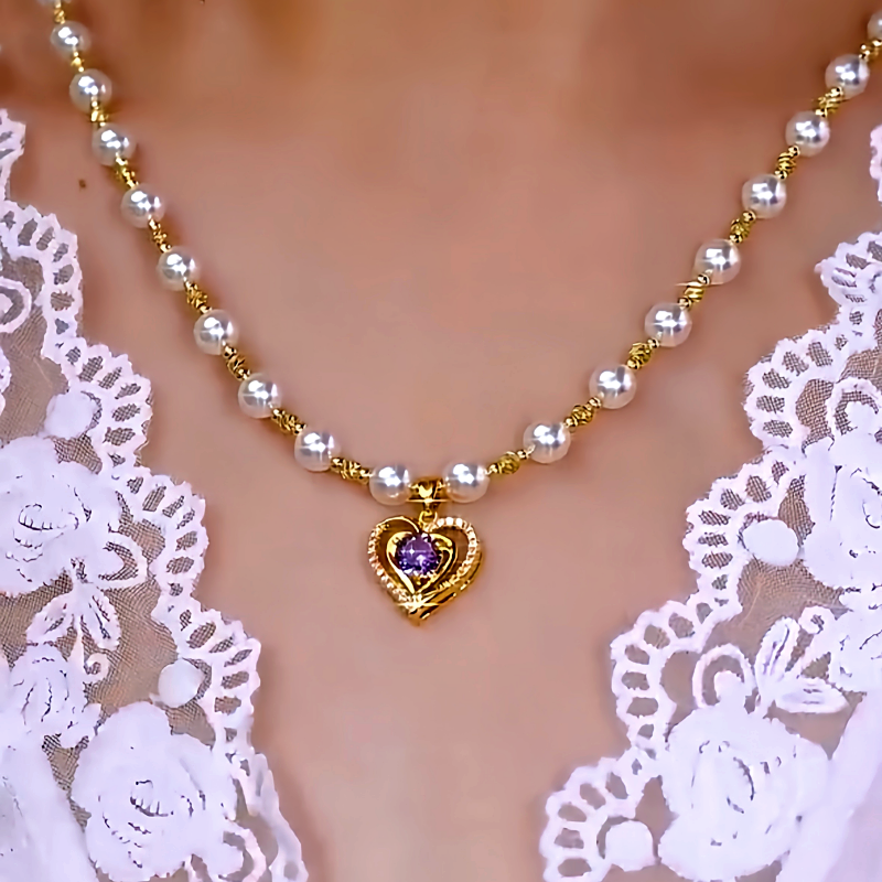 14K Gold-Plated Zircon Heart Pearl Necklaces