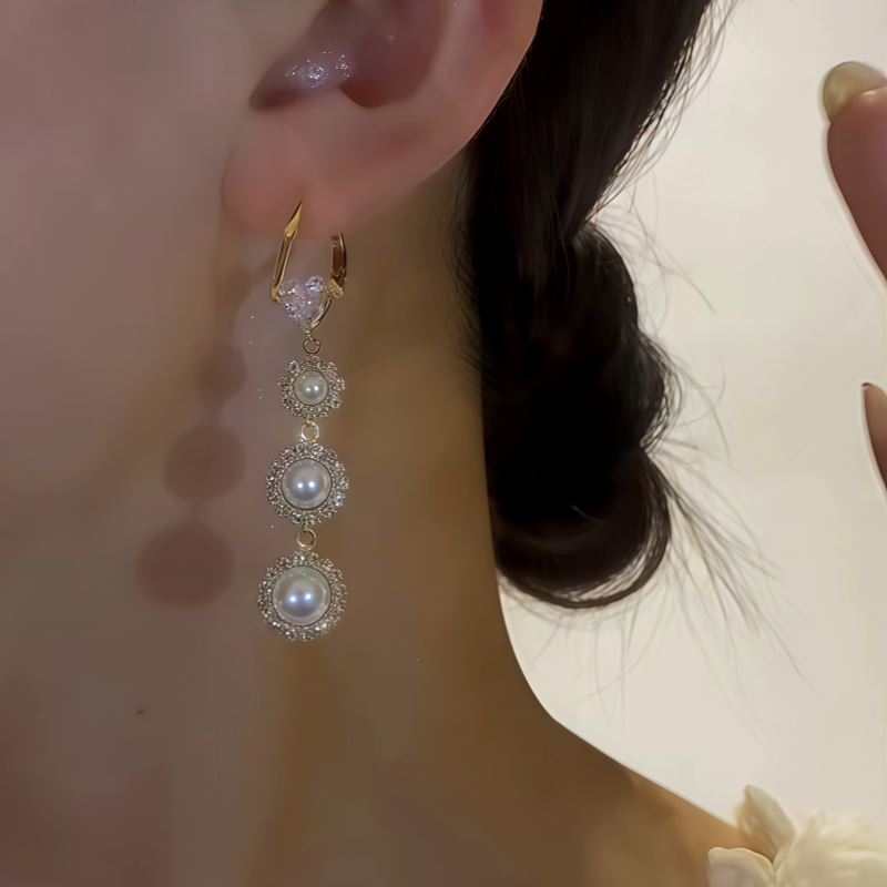 14K Gold-Plated Zircon Heart Pearl Tassel Earrings