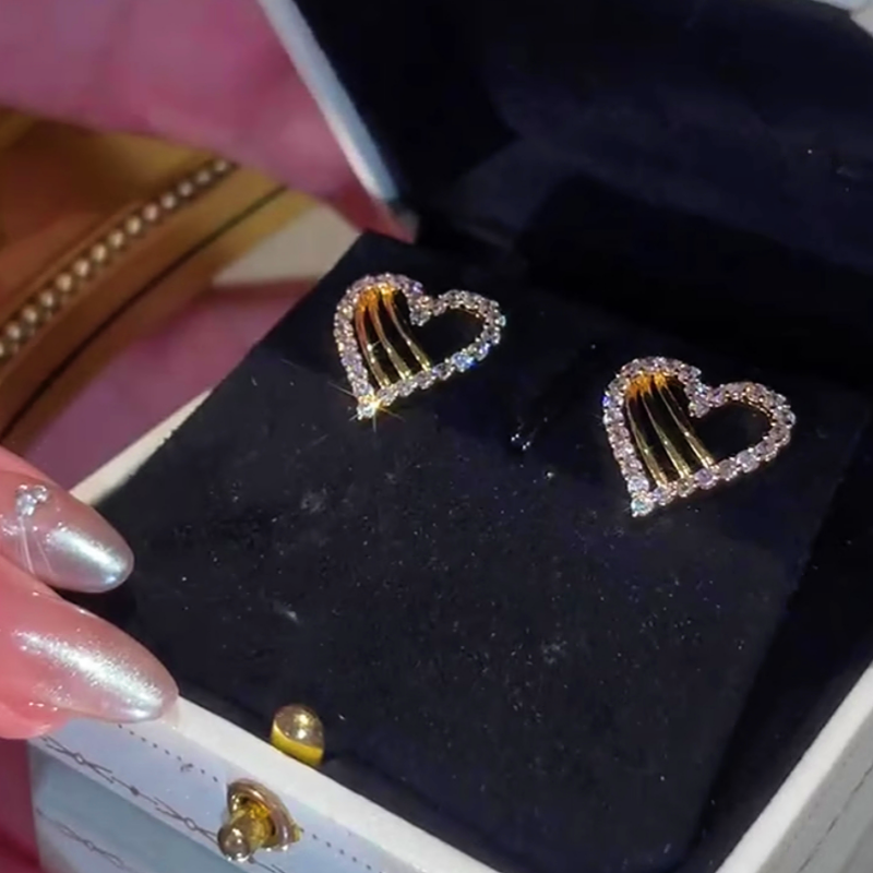14K Gold-Plated Zircon Hollow Heart Earrings