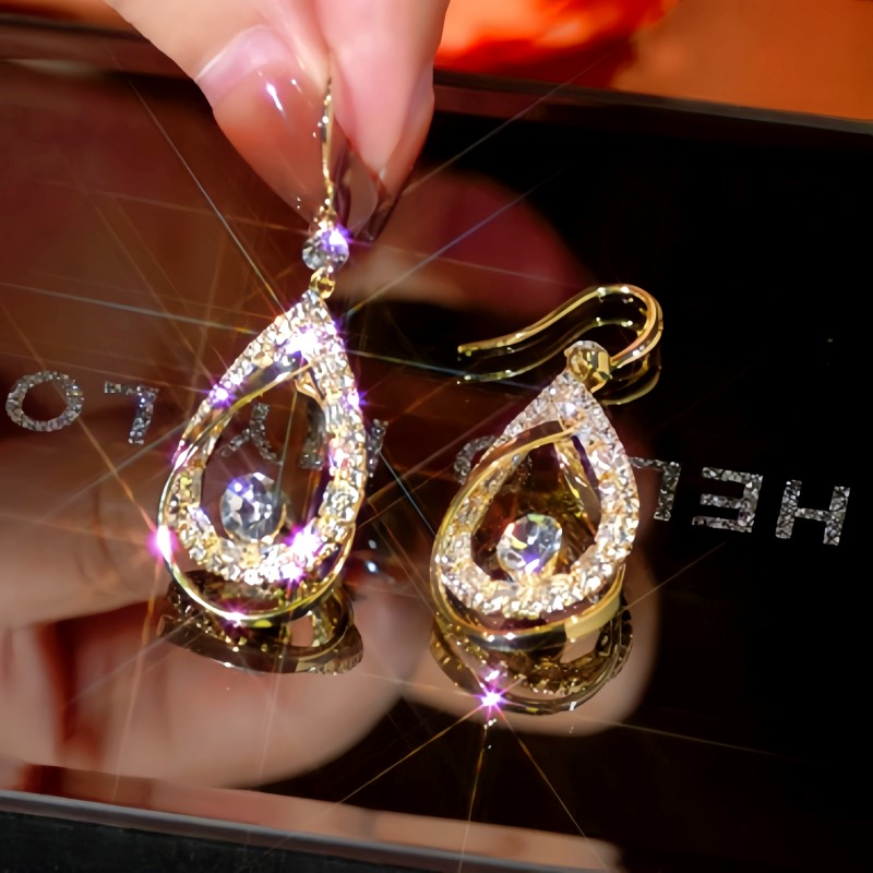 14K Gold-Plated Zircon Hollow Water Drop Ear Hook Earrings
