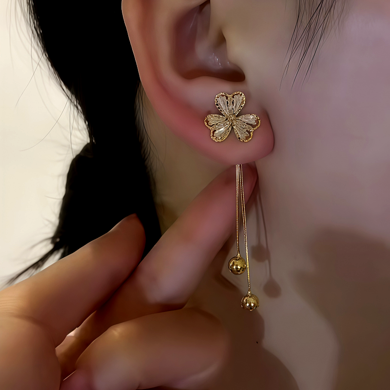 14K Gold-Plated Zircon Inlaid Three-Leaf Flower Hanging Earrings