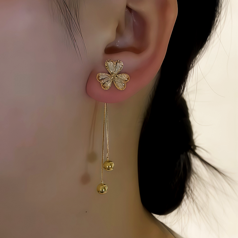 14K Gold-Plated Zircon Inlaid Three-Leaf Flower Hanging Earrings