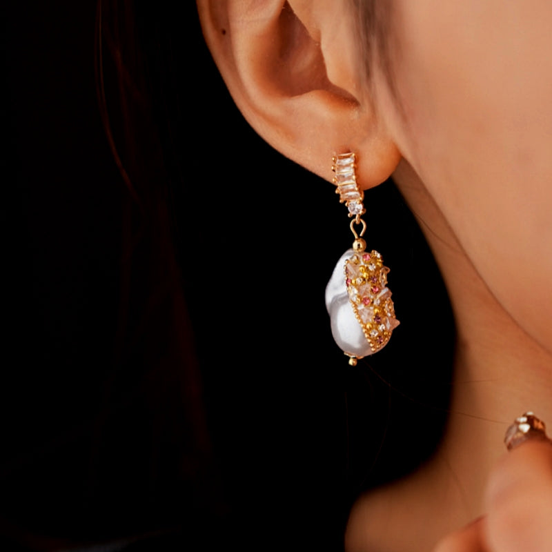 14K Gold-Plated Zircon Irregular Pearl Earrings