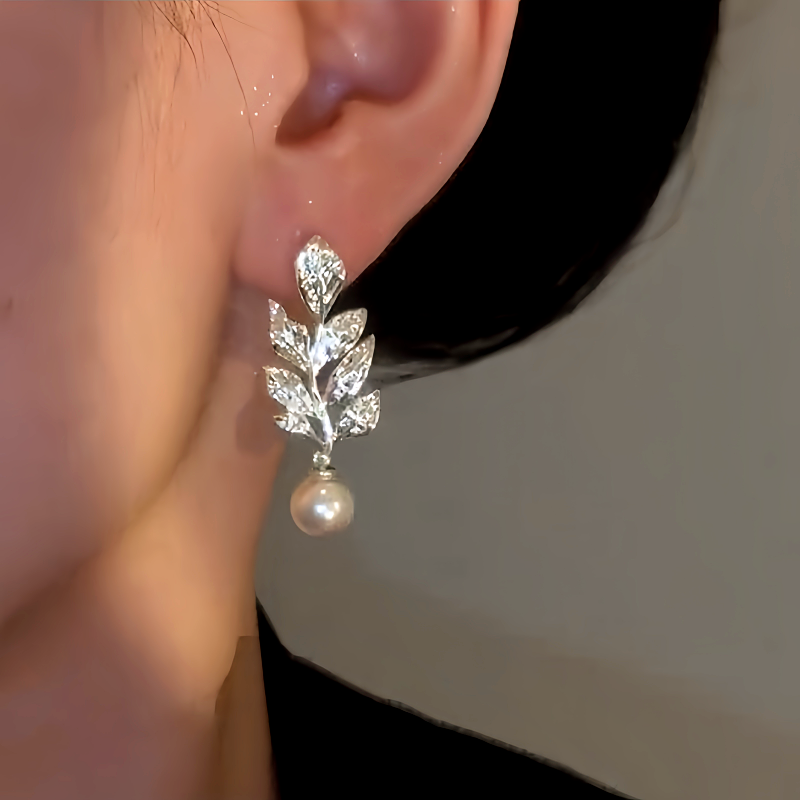 14K Gold-Plated Zircon Leaf Bead Earrings