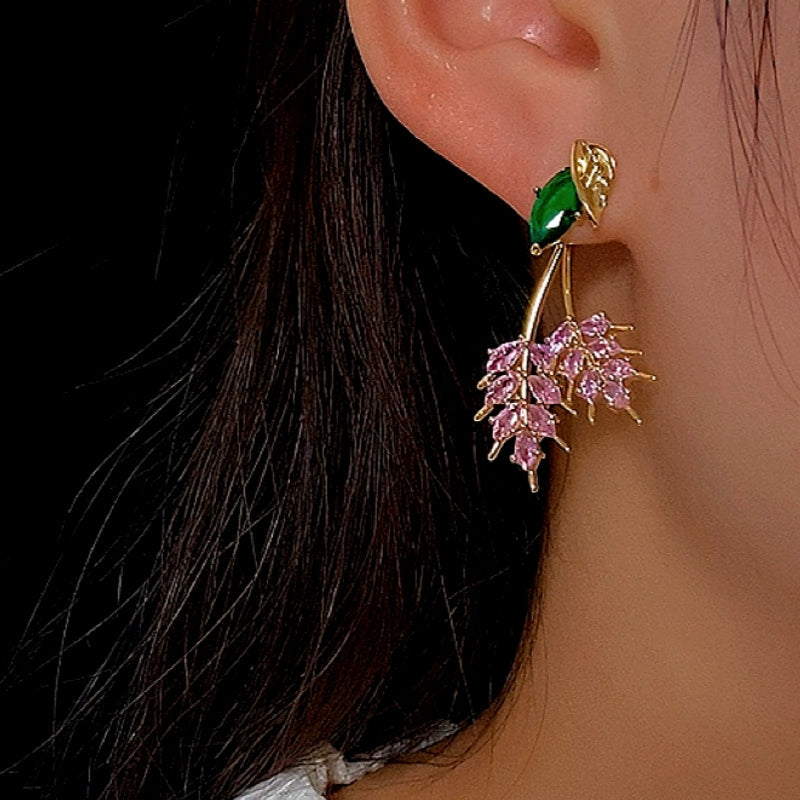 14K Gold-Plated Zircon Leaf Earrings