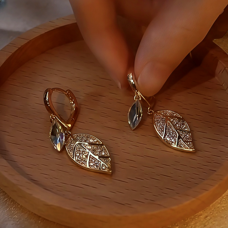14K Gold-Plated Zircon Leaf Earrings