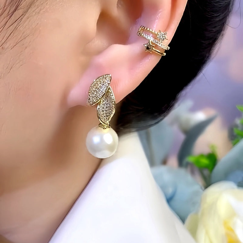 14K Gold-Plated Zircon Leaf Pearl Earrings
