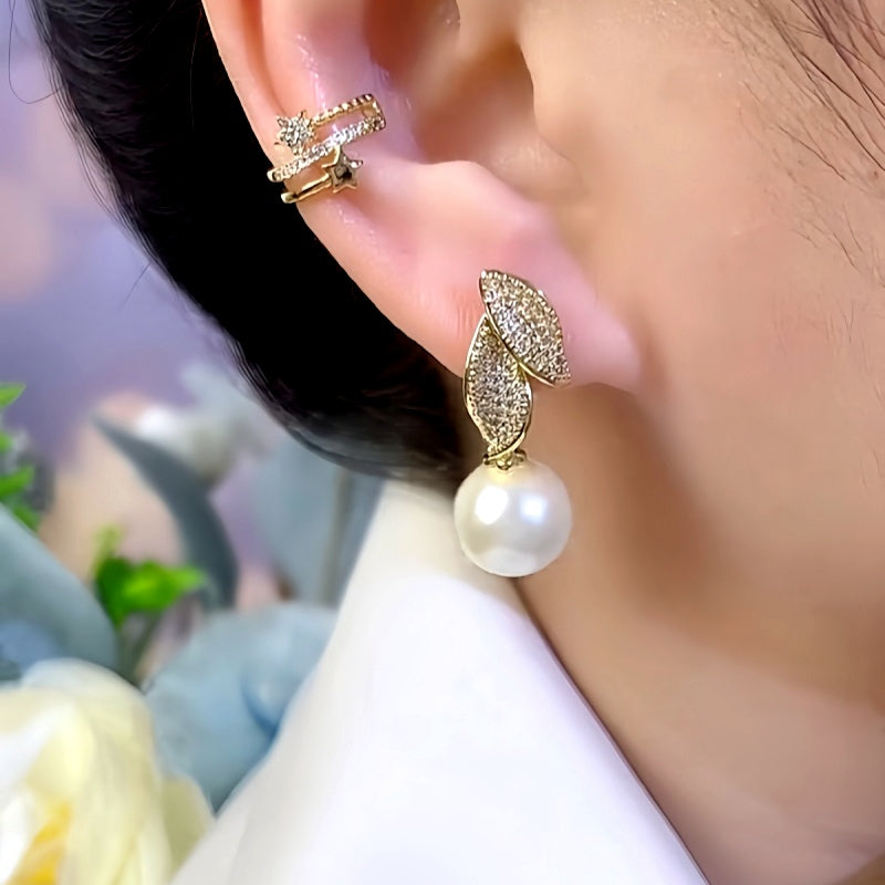 14K Gold-Plated Zircon Leaf Pearl Earrings