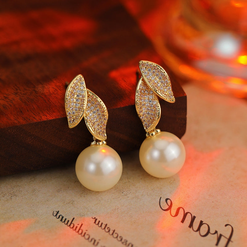 14K Gold-Plated Zircon Leaf Pearl Earrings