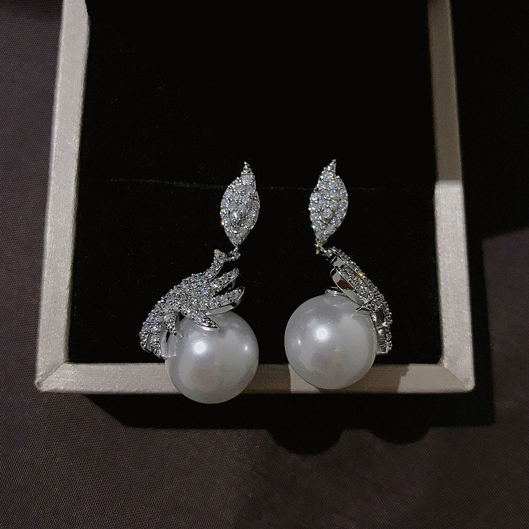 14K Gold-Plated Zircon Leaf Pearl Earrings