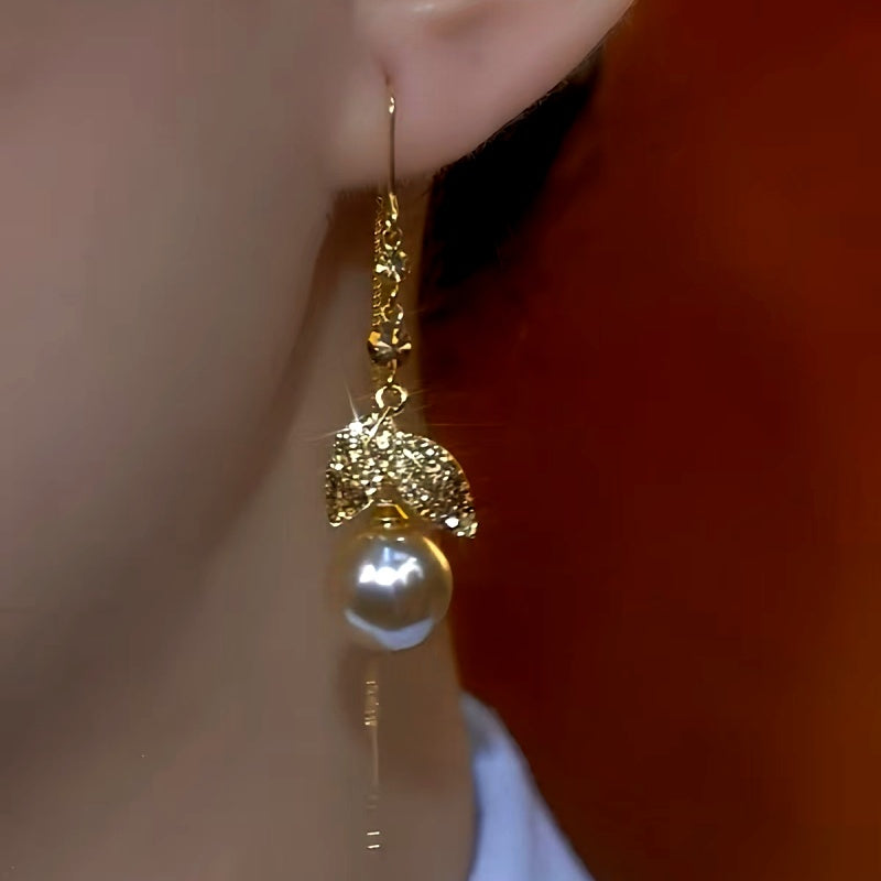 14K Gold-Plated Zircon Leaf Pearl Threader Earrings