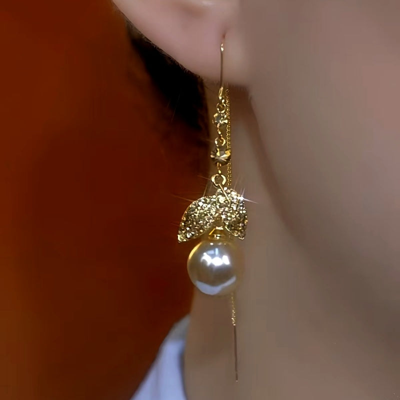 14K Gold-Plated Zircon Leaf Pearl Threader Earrings