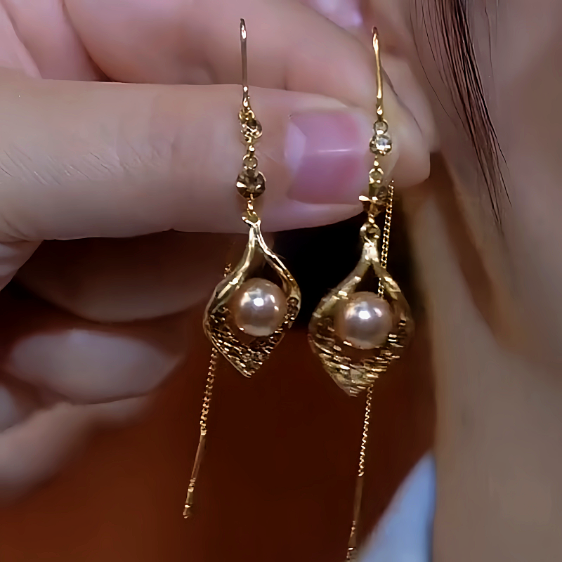 14K Gold-Plated Zircon Leaf Pearl Threader Earrings