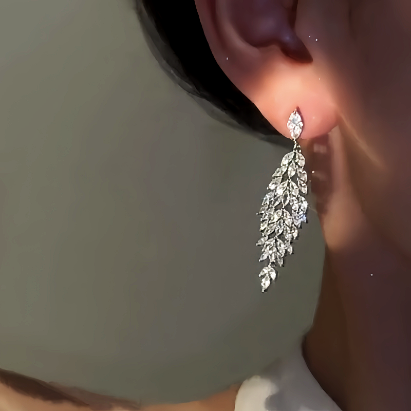 14K Gold-Plated Zircon Leaf Tassel Earrings