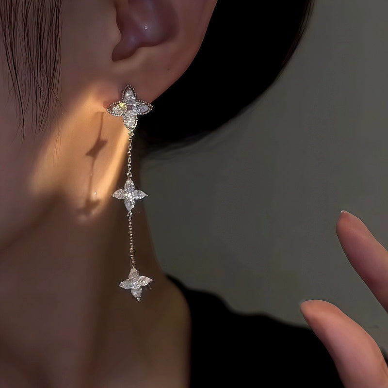 14K Gold-Plated Zircon Leaf Tassel Earrings