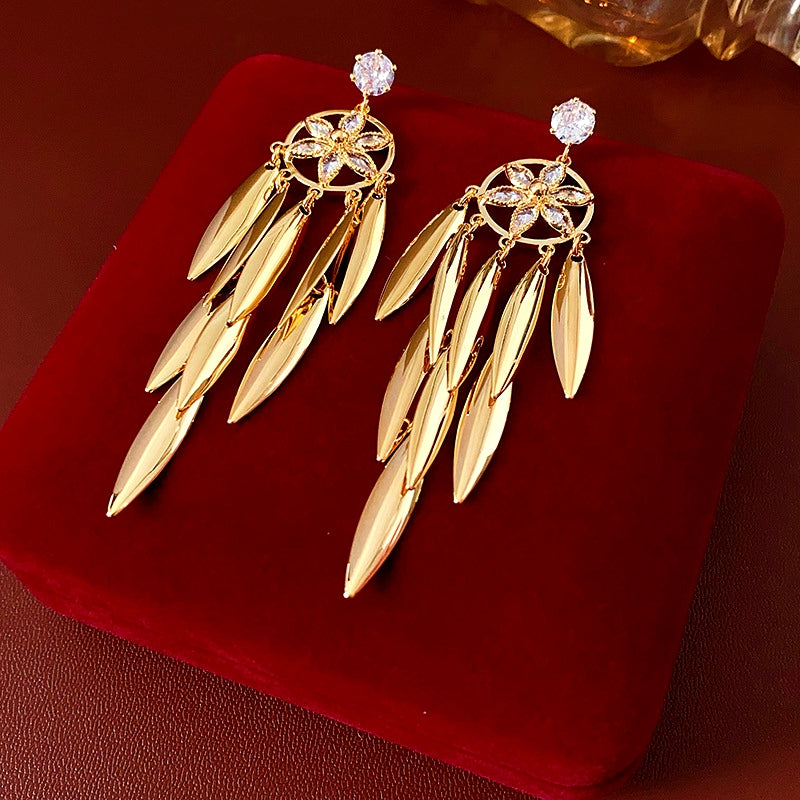 14K Gold-Plated Zircon Leaf Tassel Earrings