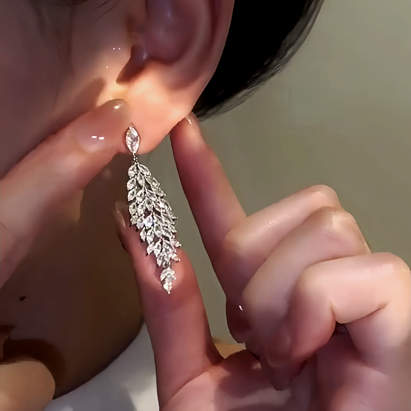 14K Gold-Plated Zircon Leaf Tassel Earrings