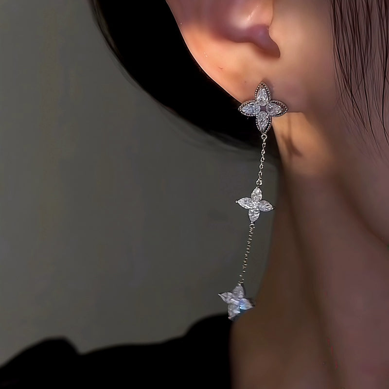 14K Gold-Plated Zircon Leaf Tassel Earrings
