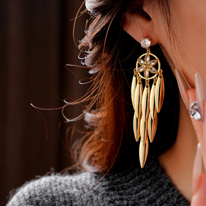 14K Gold-Plated Zircon Leaf Tassel Earrings